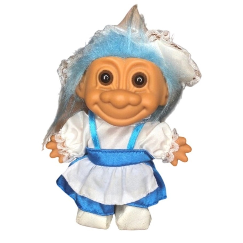 Vintage Troll Doll‎ Blue Hair Dutch Girl Outfit Lace Trim Collectible 5 Inch